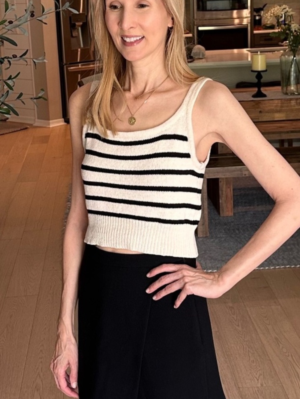 By Together Black & Cream Striped Knit Crop Tank Top Small Minimalist
